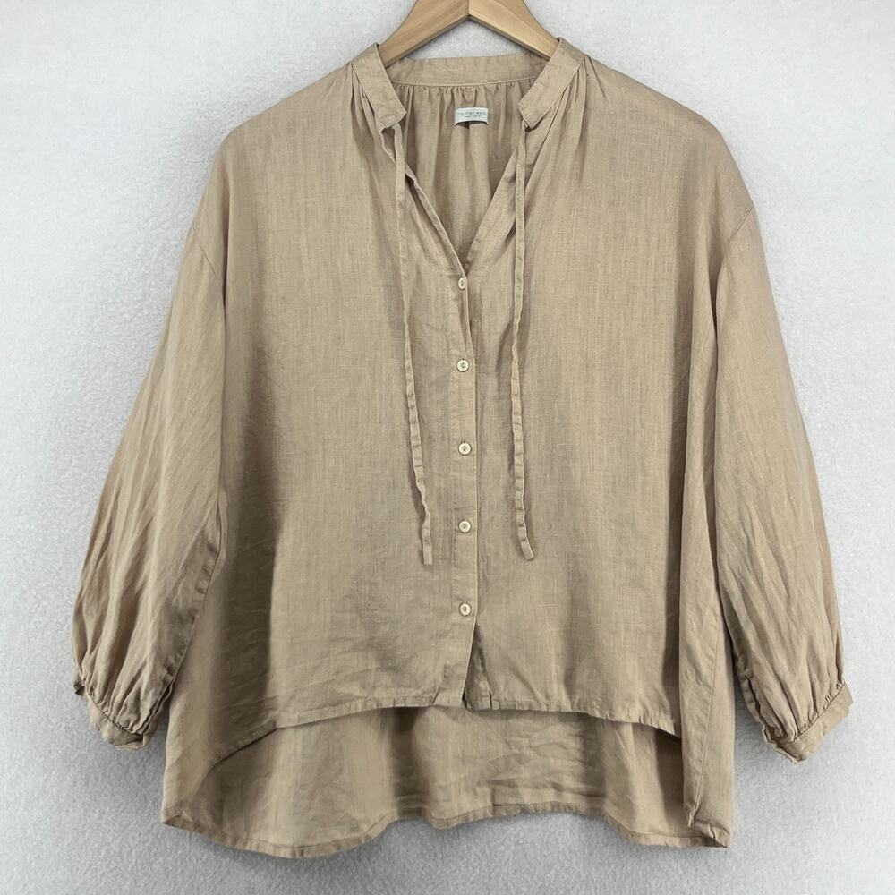 FOG LINEN WORK Top XL Pure Linen Button Front Tie Neck 3/4 Sleeve Blouse Beige